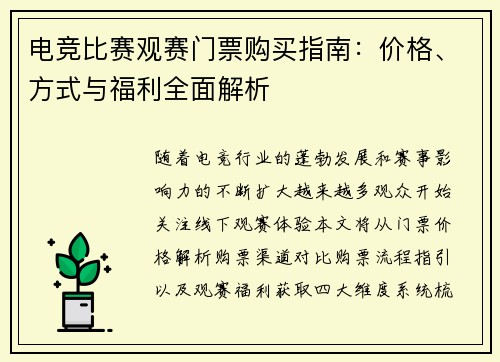 电竞比赛观赛门票购买指南：价格、方式与福利全面解析