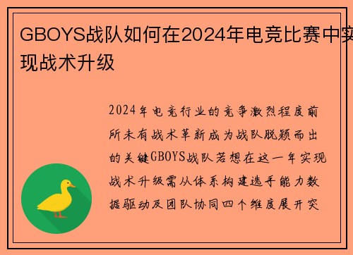 GBOYS战队如何在2024年电竞比赛中实现战术升级