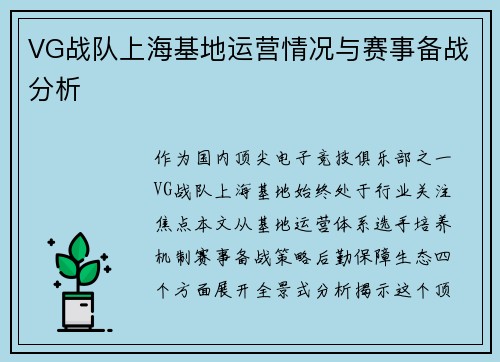 VG战队上海基地运营情况与赛事备战分析